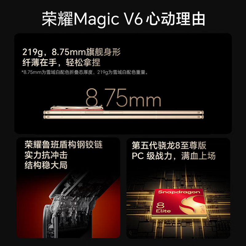 荣耀Magic V6 16GB+512GB 旭日金 第五骁龙8至尊芯 6850毫安电池 5G手机 商务旗舰折叠屏手机 80W快充高清大图