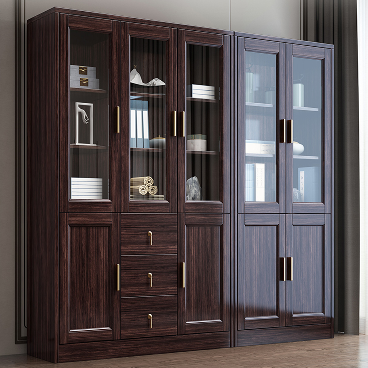 新中式紫金檀木实木书柜组合带防尘玻璃门多抽屉书房办公室储物柜子
