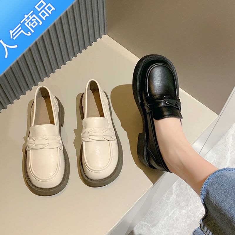 SUNTEK乐福鞋女2023夏季新款厚底粗跟英伦单鞋春秋学院风一脚蹬jk小皮鞋图片