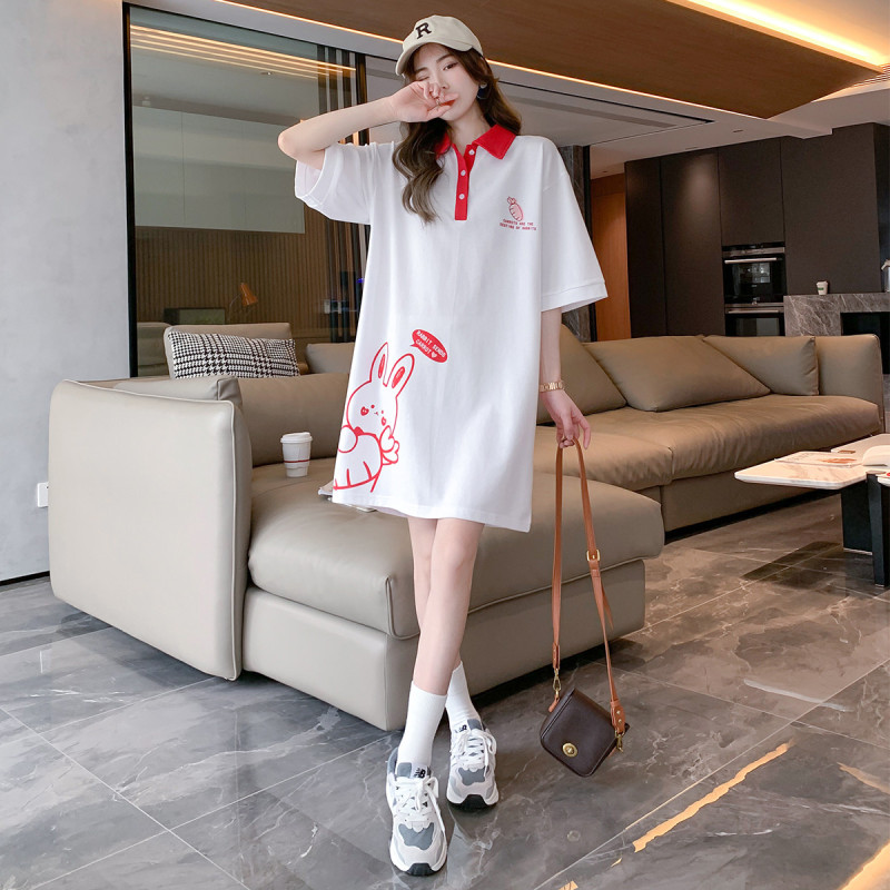 [2.5折价64元]唐狮夏季连衣裙女撞色polo领可爱印花短袖t恤裙