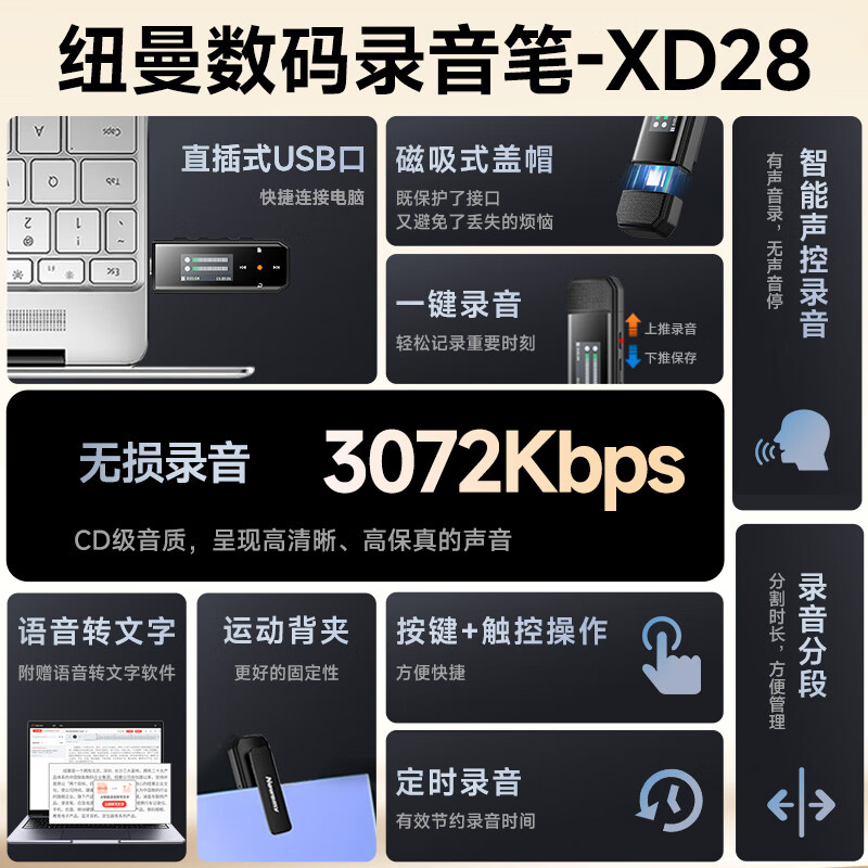 纽曼 录音笔 XD28 64GB 会议录音转文字 TYPE-C接口直连电脑 高清降噪远距声控录音 黑色高清大图