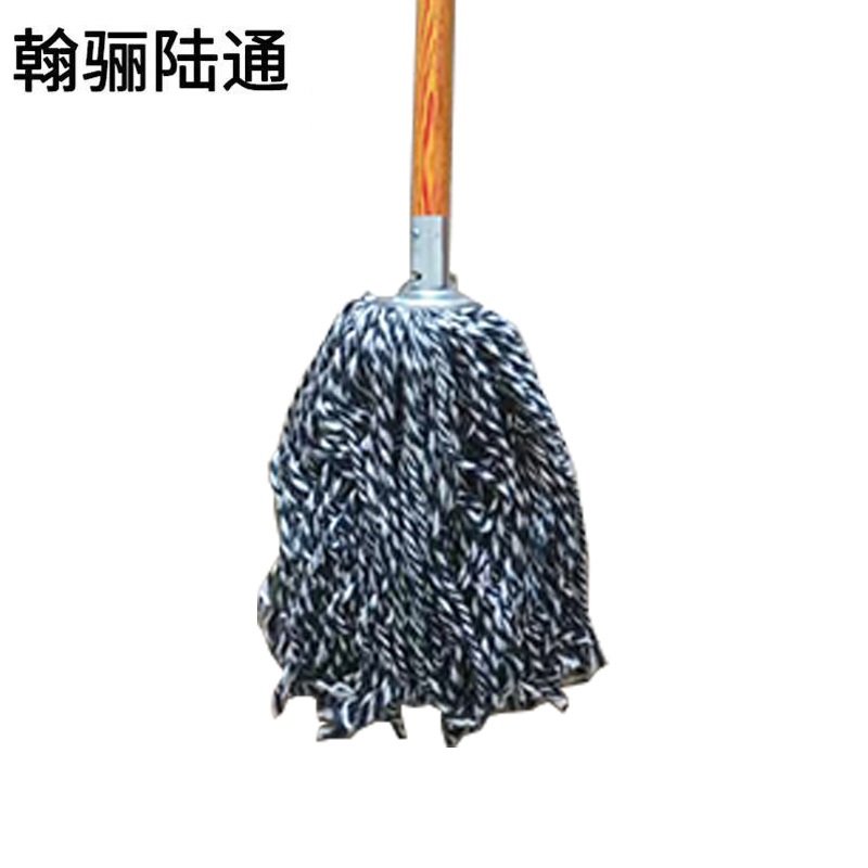 翰骊陆通 可拆卸镀锌铁件老式棉线拖把拖布 圆头蓝白棉线木杆110cm 把高清大图