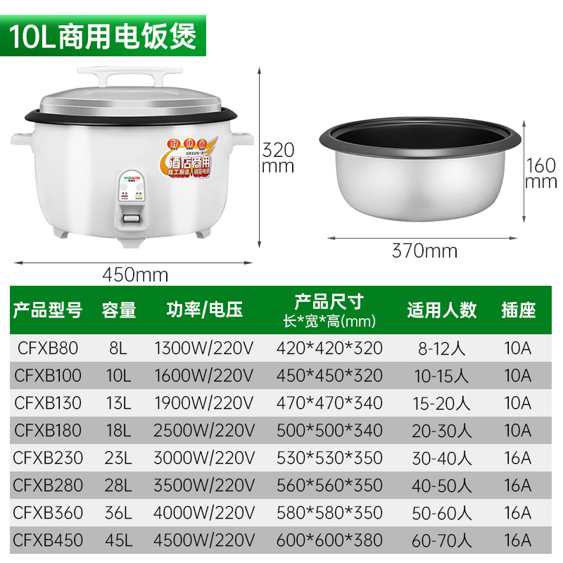 意黛斯(YIDAISI)电饭锅商用大容量电饭煲食堂酒店饭店用大功率10L加厚不粘锅 CFXB100 适用10-15人