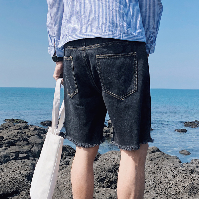 夏季年轻帅气男士牛仔短裤港风男加肥加大码毛边五分裤韩版中裤子
