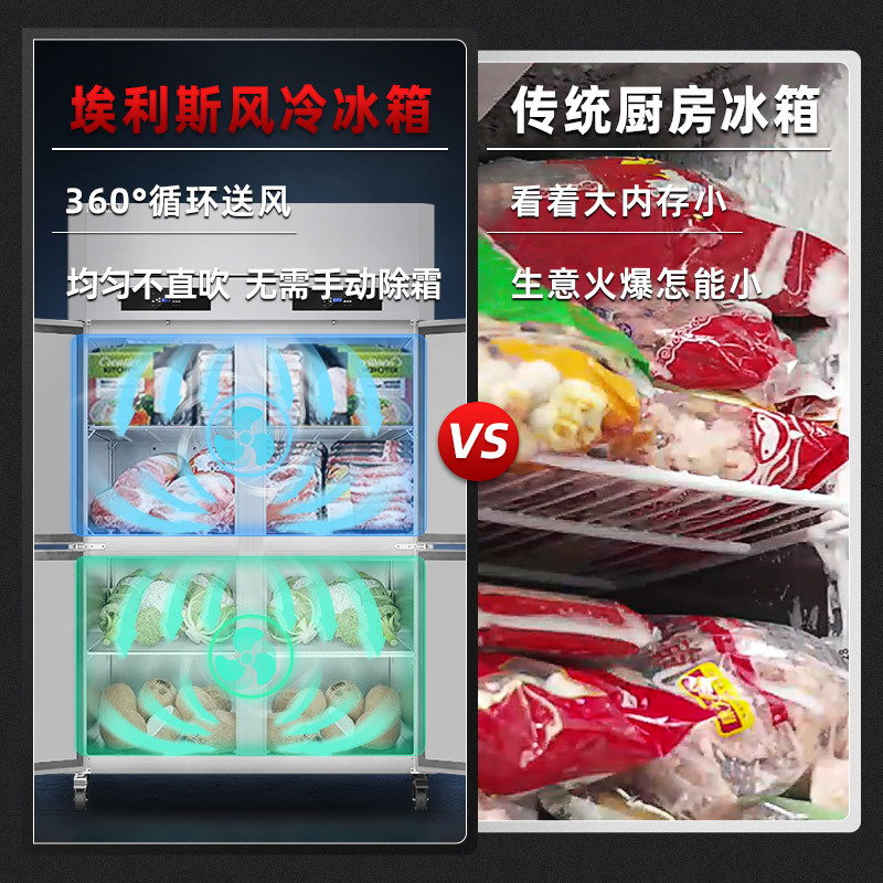 埃利斯(AILISI)风冷商用厨房冰箱 立式六开门不锈钢厨房冰箱冰柜 风冷厨房冰箱后厨保鲜设备全铜管LS-1800冷藏