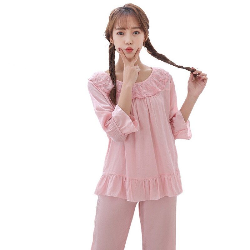 波迷娜(BOMINA)女式睡衣套装春夏款20212018春冬季新款睡衣儿童舒适蕾丝服袖长裤女式套装 白色>青少年
