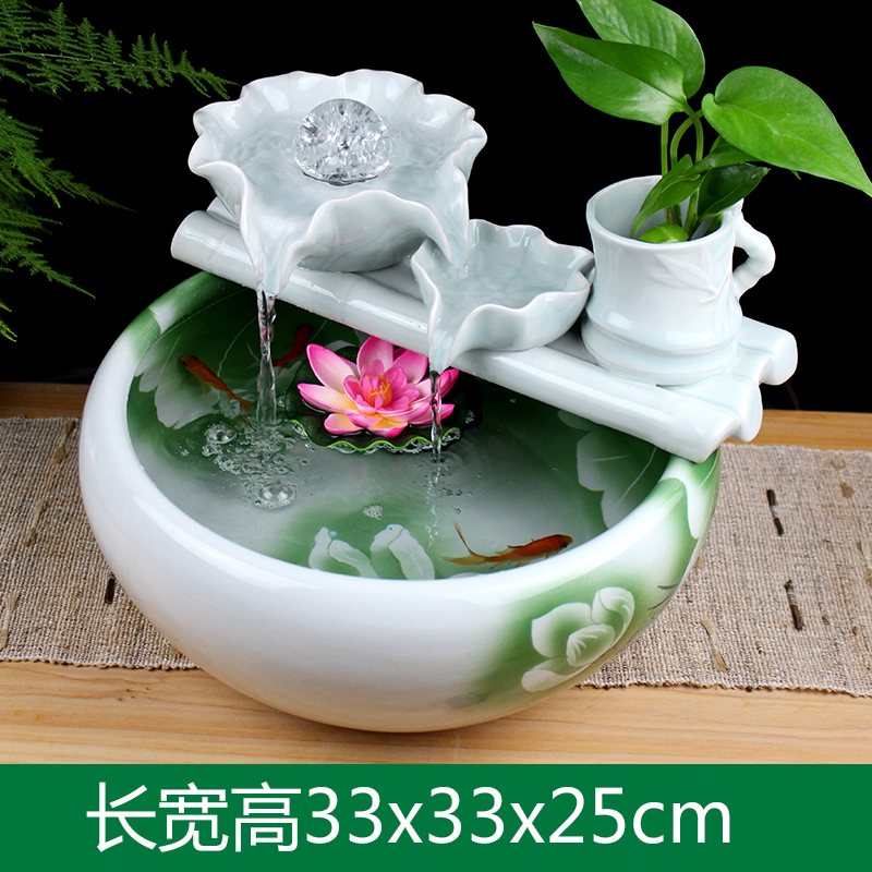 陶瓷流水器家居客厅电视柜自动循环养鱼盆增氧金鱼缸加湿摆件 三维工匠 荷韵珠光流水整套(青色)高清大图
