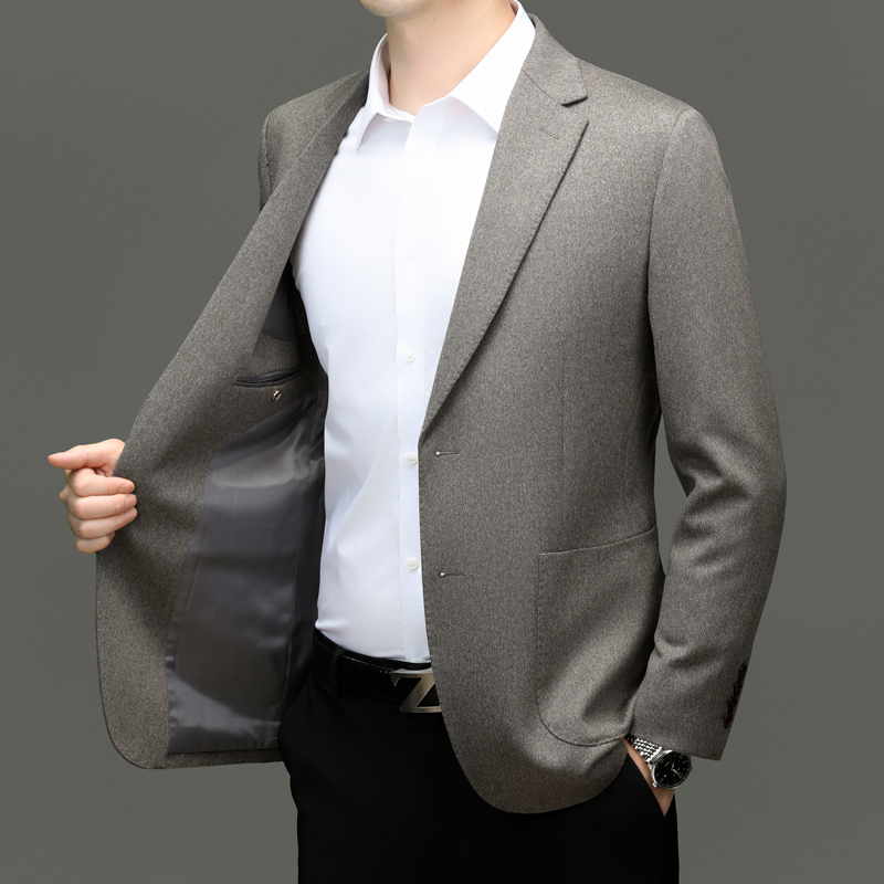 轻奢双面羊绒西服男士短款休闲毛呢商务羊毛西装便西外套秋冬高端羊绒西装男桑蚕丝毛呢便西商务休闲羊毛西服男士单西外套 8856卡其 180