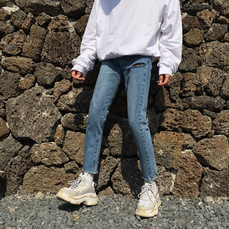 毛边蓝色牛仔裤男九分裤不规则休闲裤男修身小脚破洞裤男女铅笔裤图片色