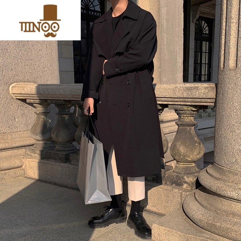 YANXU韩系男装风衣外套秋季痞帅感小众设计2023新款英伦大衣中长款高清大图