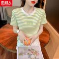 南极人纯棉短袖T恤女2021新款韩版女装上衣宽松条纹百搭洋气外穿 S建议80-95斤 绿色