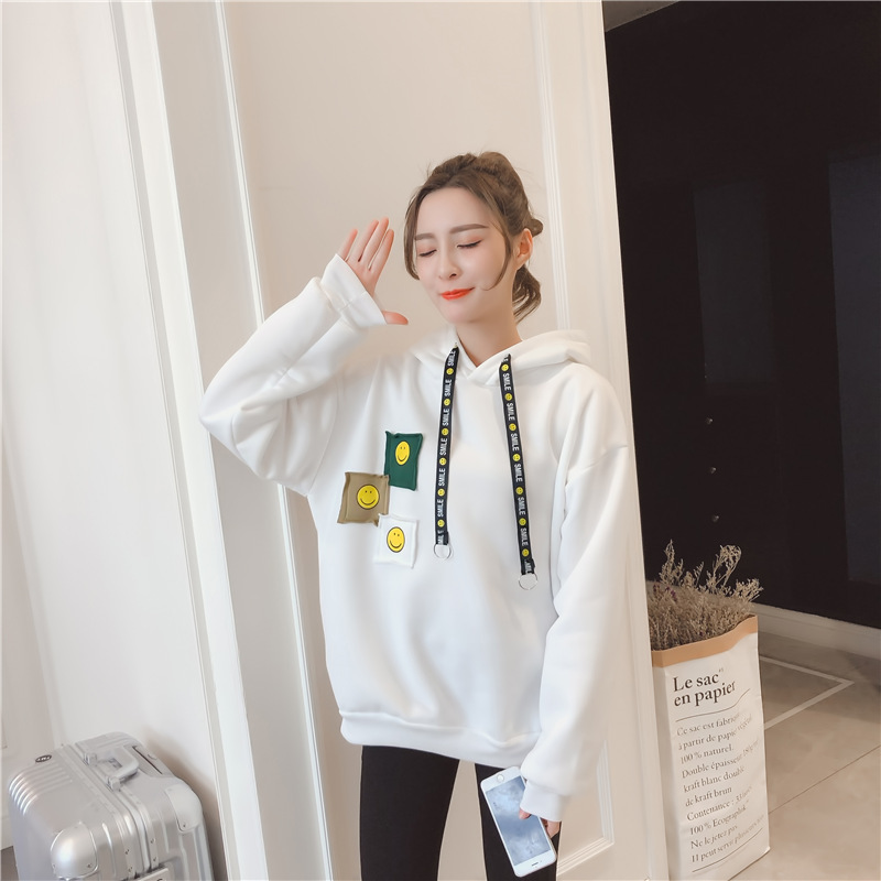 连帽ins笑脸卫衣女加绒加厚韩版潮宽松学生秋装bf风套头冬季上衣