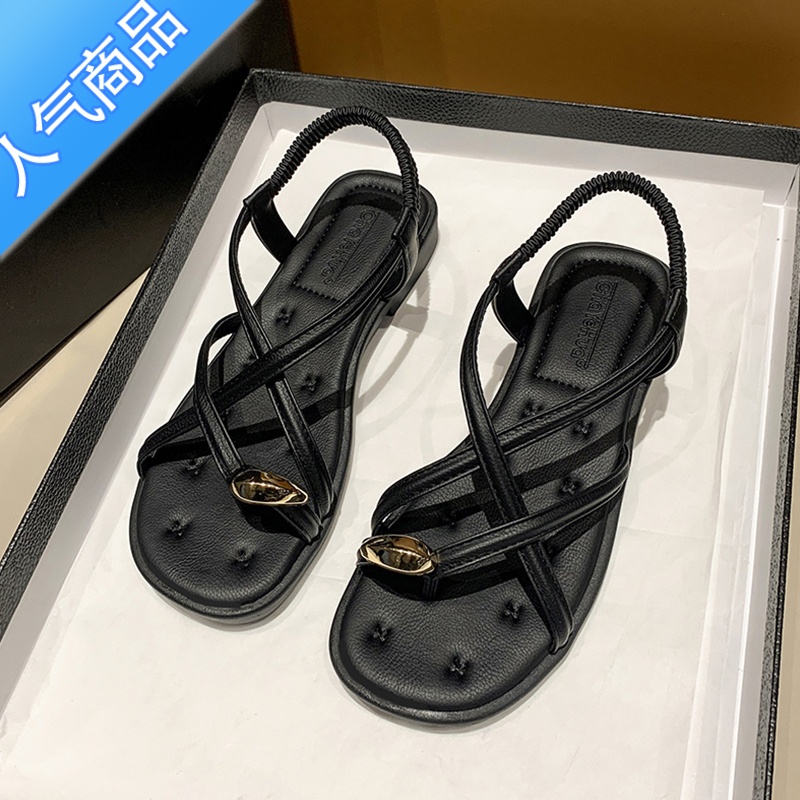 SUNTEK凉鞋女夏仙女风2023新款法式气质平底百搭小众金属套趾时装罗马鞋高清大图