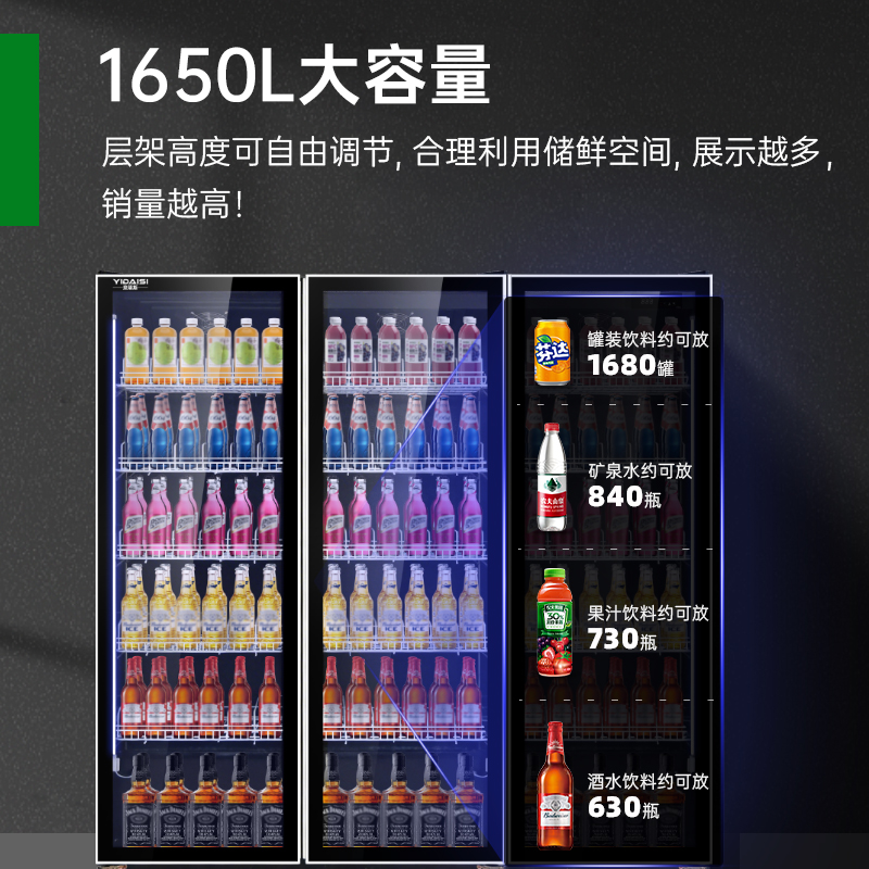 意黛斯网红酒水展示柜商用啤酒柜冷藏三色灯光展示柜水果保鲜便利店酒吧KTV免倒水防雾风冷饮料柜YDS-WHJSG-1860高清大图
