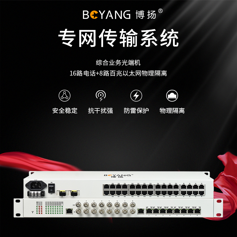 博扬 综合业务电话光端机 16路电话+8路百兆以太网物理隔离 单纤60km 机架式 1对价BY-16P8FV-60km