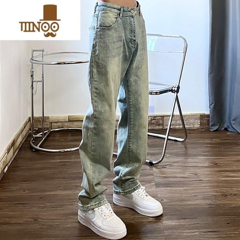 YANXU美式街头复古黄泥染水洗做旧牛仔裤休闲直筒坠感高街嘻哈男ins潮 M 做旧蓝黄泥染