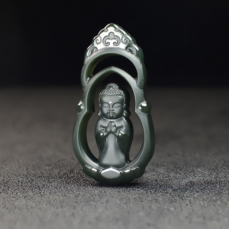 和田玉宝宝佛吊坠新疆玉石镂空双面雕刻玉坠佛女士玉挂件玉佩带证