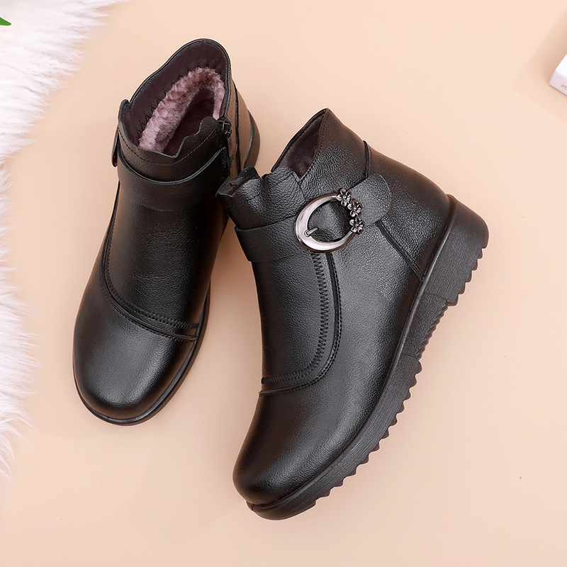 秋季新款真皮妈妈棉鞋软底防滑加厚舒适中老年女棉鞋厂家直销高清大图