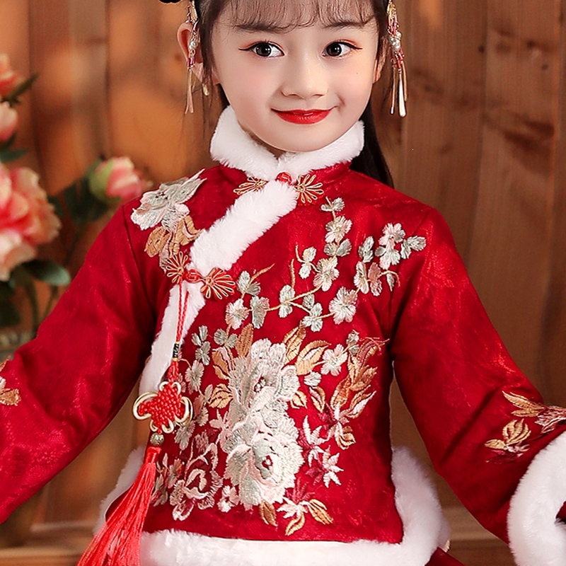 智扣年货拜年服女童汉服儿童古装超仙冬装加绒冬季唐装红色宝宝过年
