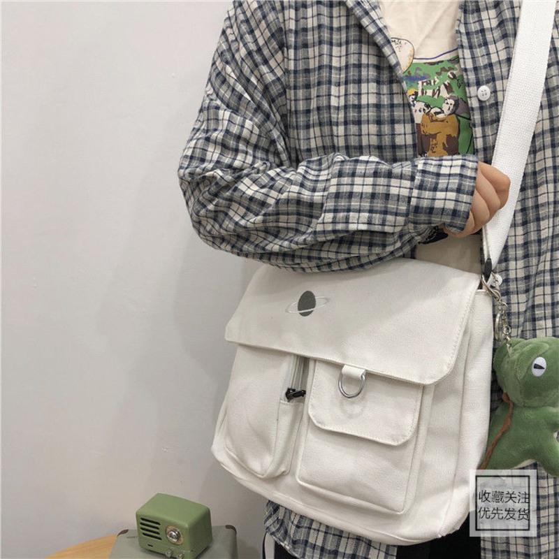 帆布包包女2021新款韩版原宿简约学生斜挎包休闲书包百搭单肩大包 双兜星球黑色[面料加厚升级有拉链] 无挂饰