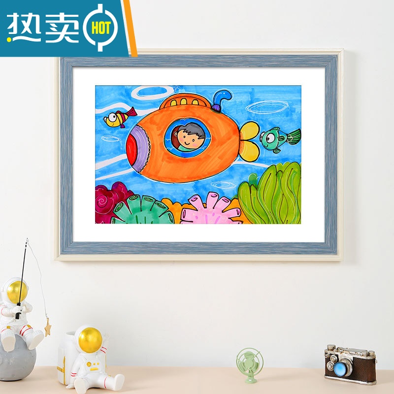 敬平儿童画框装裱相框挂墙装饰4k8k八开简易油画外框a3a4作品展示框架 生动蓝白 [可放33*33CM]高清大图