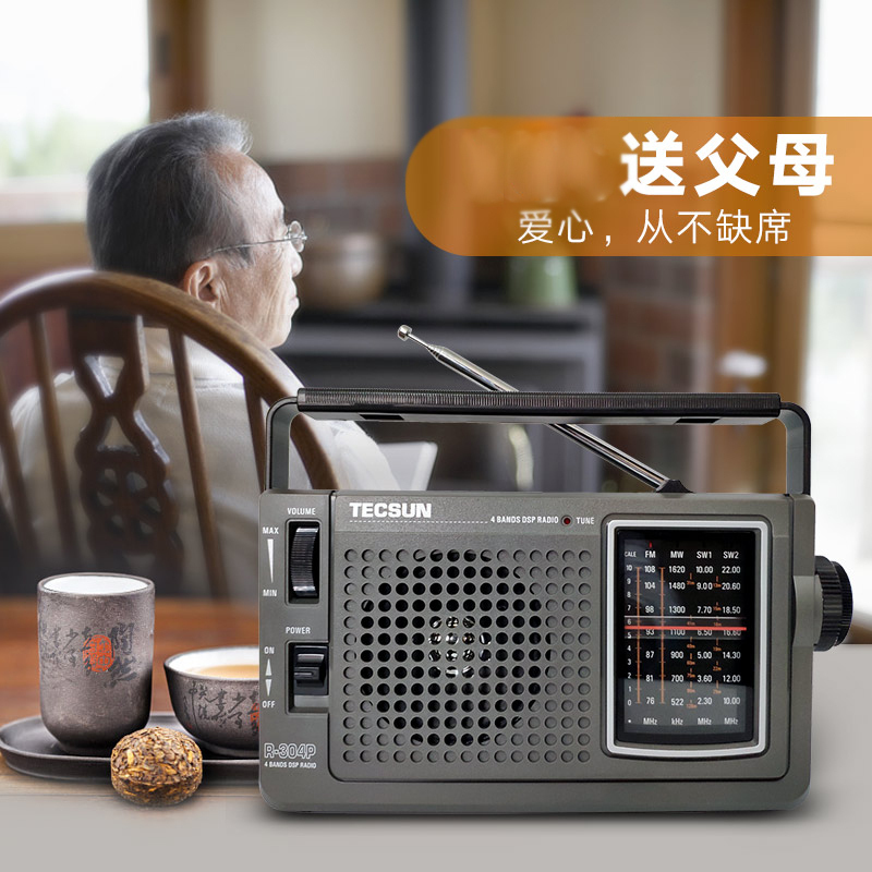 德生收音机 R-304P 灰 新款老年人便携式全波段台式指针交直流两用复古老式插电半导体广播机家用