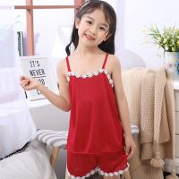 儿童冰丝睡衣夏季薄款女童男童睡衣夏装短袖小孩空调服家居服套装 短袖短裤-吊带 8码 95-105身高 35斤内