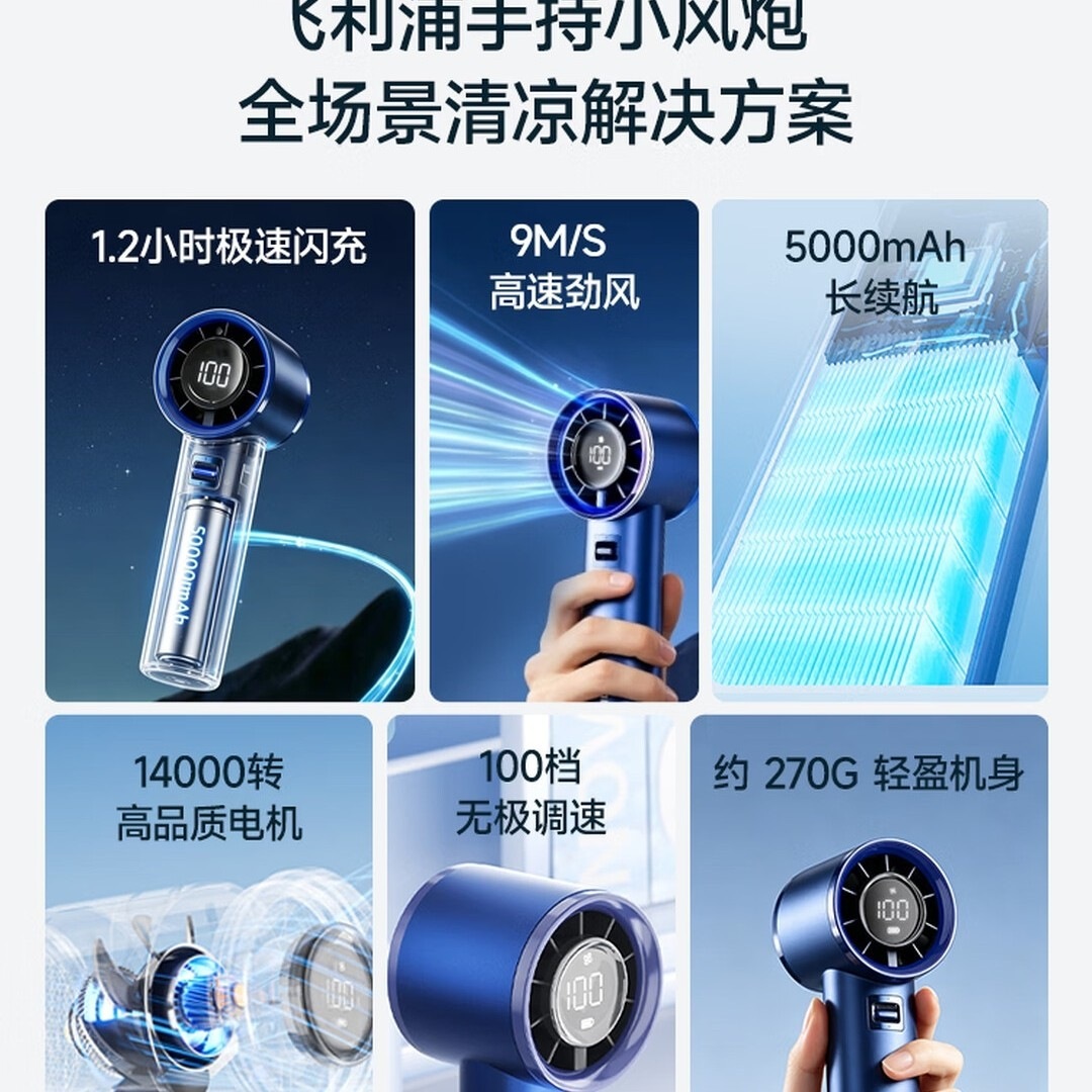 飞利浦(PHILIPS)手持小风扇金属机身100档超高速大风力长续航充电制冷小风扇迷你便携式户外随身高清大图
