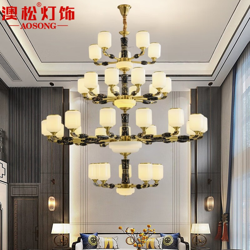 澳松别墅客厅大吊灯新中式全铜复式楼中空玉石长吊灯酒店大厅餐厅灯具