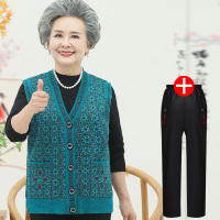 迪鲁奥（DILUAO)奶奶装春秋装马夹外套中老年女装宽松无袖马甲上衣60岁70-80老太太 4XL建议135-155斤 蓝色(上衣+裤子)