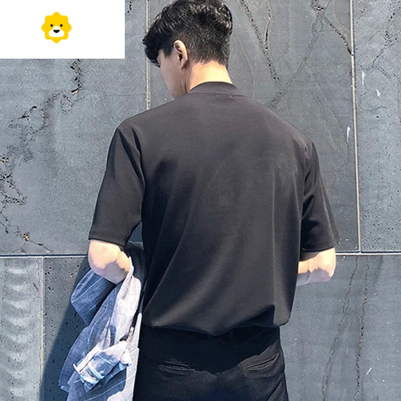 FISH BASKET半高领短袖体恤男宽松打底衫上衣新款t恤潮t血男生纯黑线上2024年