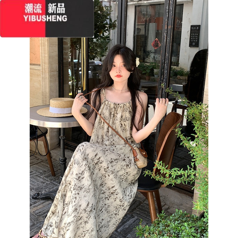 YIBUSHENG季2024新款韩版气质减龄绑带碎花设计感宽松长款吊带连衣裙女装