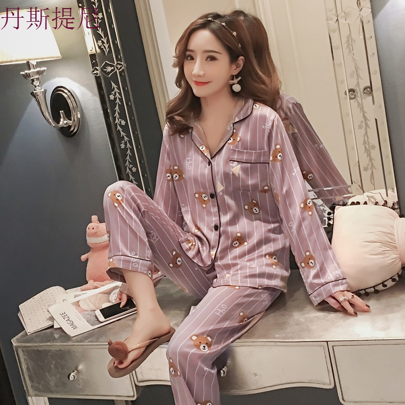 加肥加大码睡衣女春秋 可爱卡通真丝胖mm200斤夏冰丝绸家居服套装