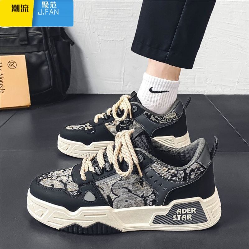 聚范男鞋2024新款夏季透气黑白熊猫板鞋男款休闲运动厚底防滑网面潮鞋高清大图