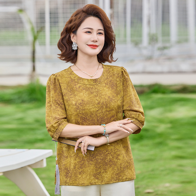 纤孜雅 夏季新款中老年妈妈装七分袖打底衫圆领宽松休闲减龄小衫透气上衣高清大图