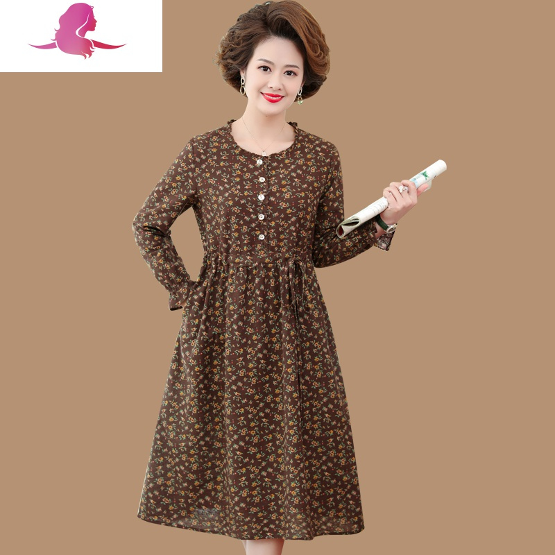 艳如飞妈妈碎花中长款连衣裙中年妇女棉麻收腰时尚中老年人春秋长袖