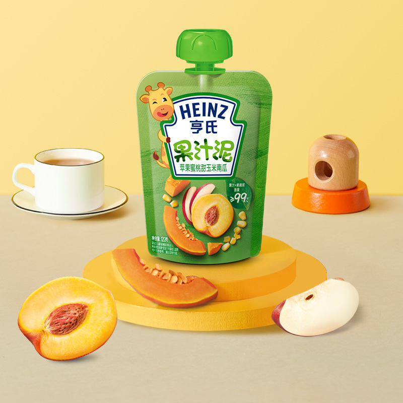 Heinz/亨氏乐维滋蔬乐苹果蜜桃玉米南瓜果泥果汁泥120g*4袋 亨氏果泥婴儿果泥吸吸乐 宝宝水果泥辅食宝宝营养零食
