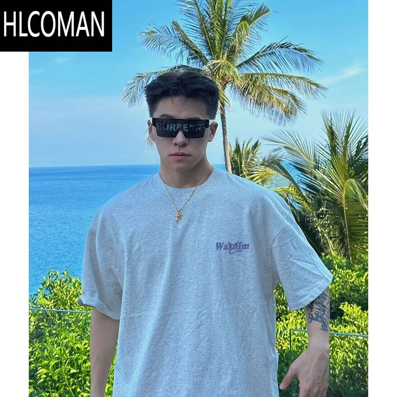 HLCOMAN字母印花短袖T恤男夏季百搭绿色宽松情侣休闲小领口上衣