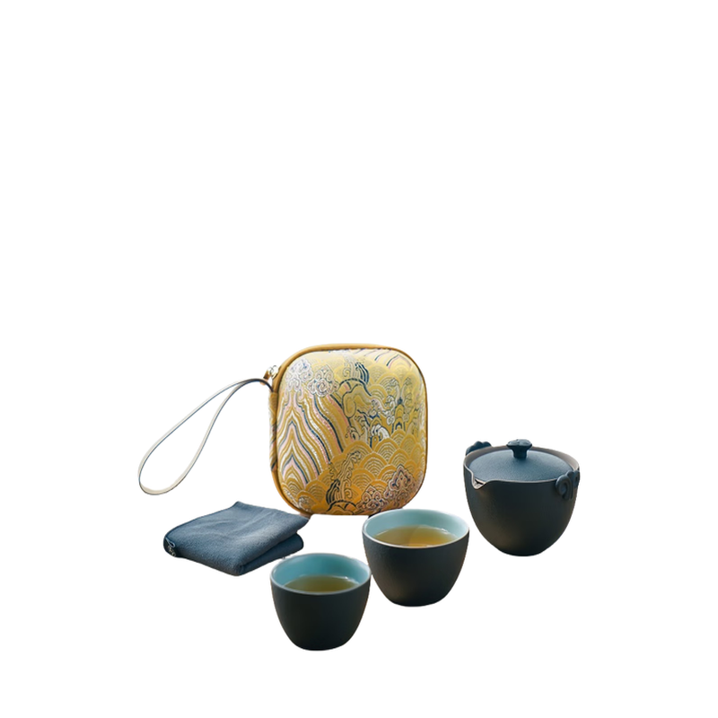 万仟堂旅行茶具 陶瓷茶具快客杯便携旅行一壶2杯户外茶具称心如意黑铁釉高清大图