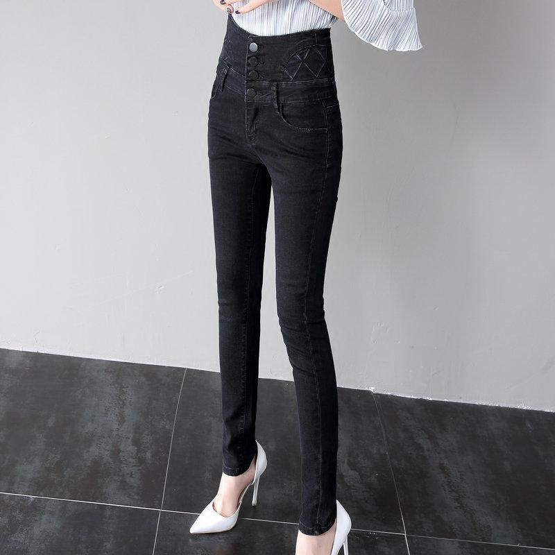 洛芊女生裤子牛仔裤女韩版学生高腰裤女土黑色百搭深色韩国胖mm牛子裤