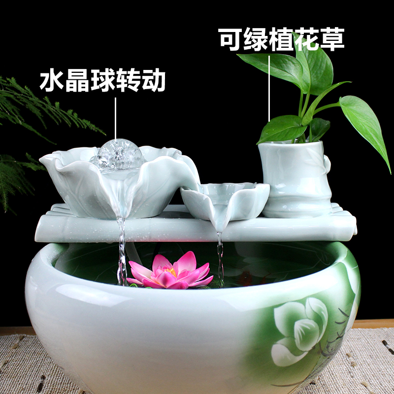 陶瓷流水器家居客厅电视柜自动循环养鱼盆增氧金鱼缸加湿摆件 三维工匠 荷韵珠光流水配件(青色)高清大图