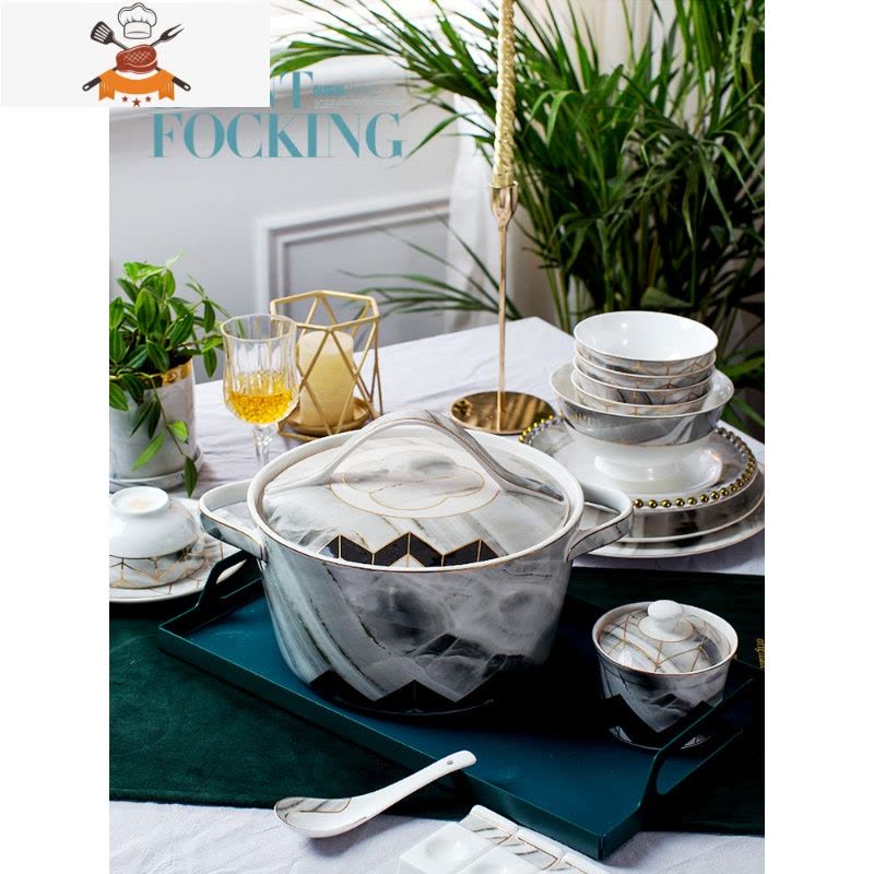 shp景德镇北欧ins轻奢大理石碗碟套装家用餐具骨瓷盘子吃饭碗 敬平 100头时尚诱惑图片