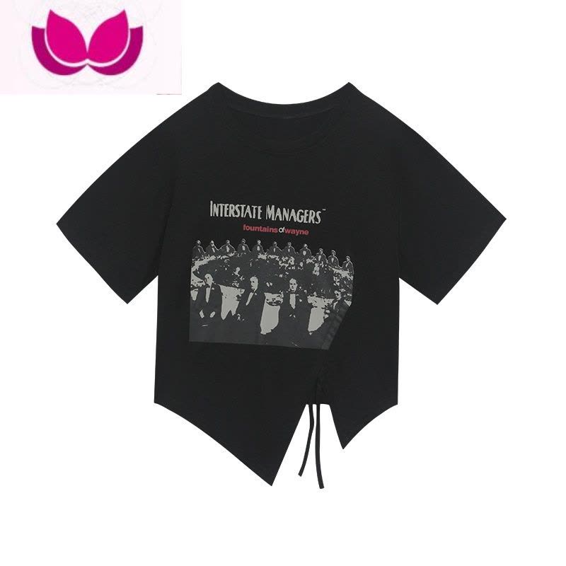 七斓大码胖妹妹复古chic抽绳开叉正肩显瘦短袖T恤女新款酷甜上衣图片