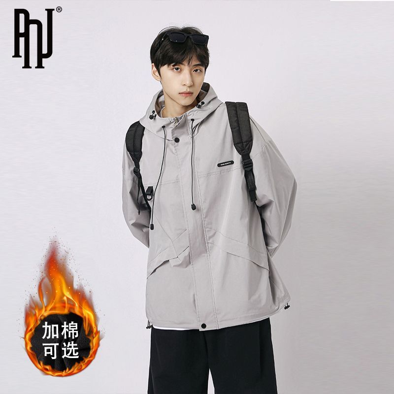 工装冲锋衣外套男秋冬季大码宽松潮牌连帽棉衣服痞帅高清大图
