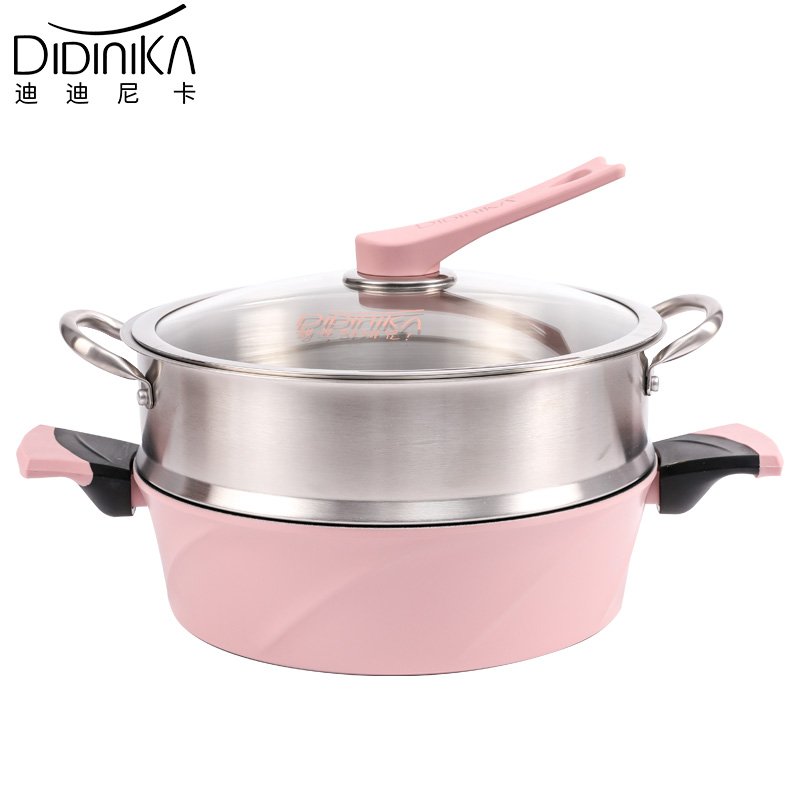 迪迪尼卡（Didinika）2019新款28cm浅汤锅家用麦饭石不粘锅多功能双耳煮锅带蒸屉