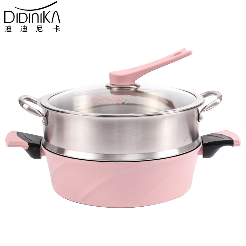 迪迪尼卡（Didinika）2019新款28cm浅汤锅家用麦饭石不粘锅多功能双耳煮锅带蒸屉