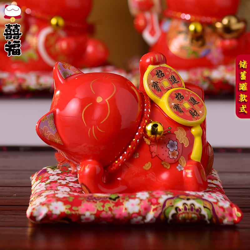 猫摆件存钱储蓄小号陶瓷前台礼品红色创意家居装饰4.5寸 三维工匠 4.5寸-五福猫-红色-财源广进-烫金棉垫猫高清大图