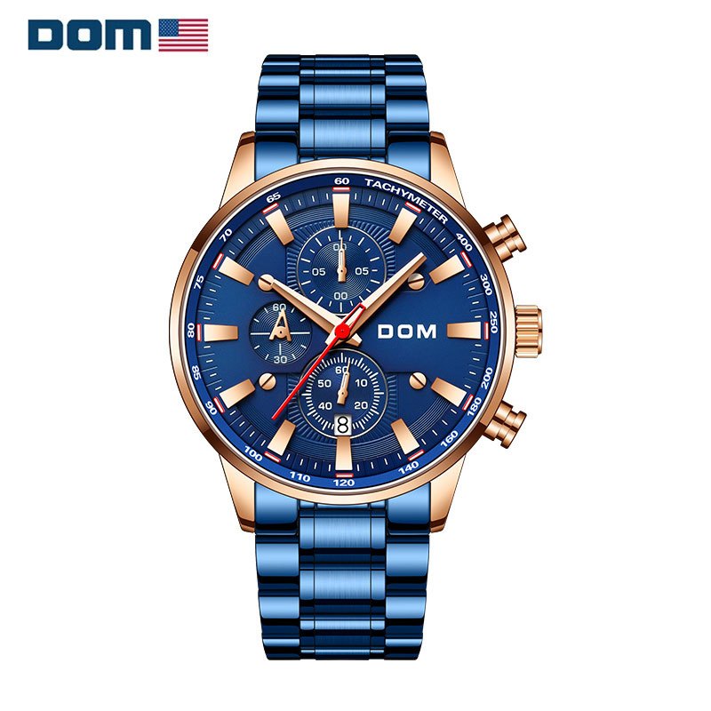 美国dom多姆品牌手表男士时尚潮流多功能跑秒计时三眼男石英表经典