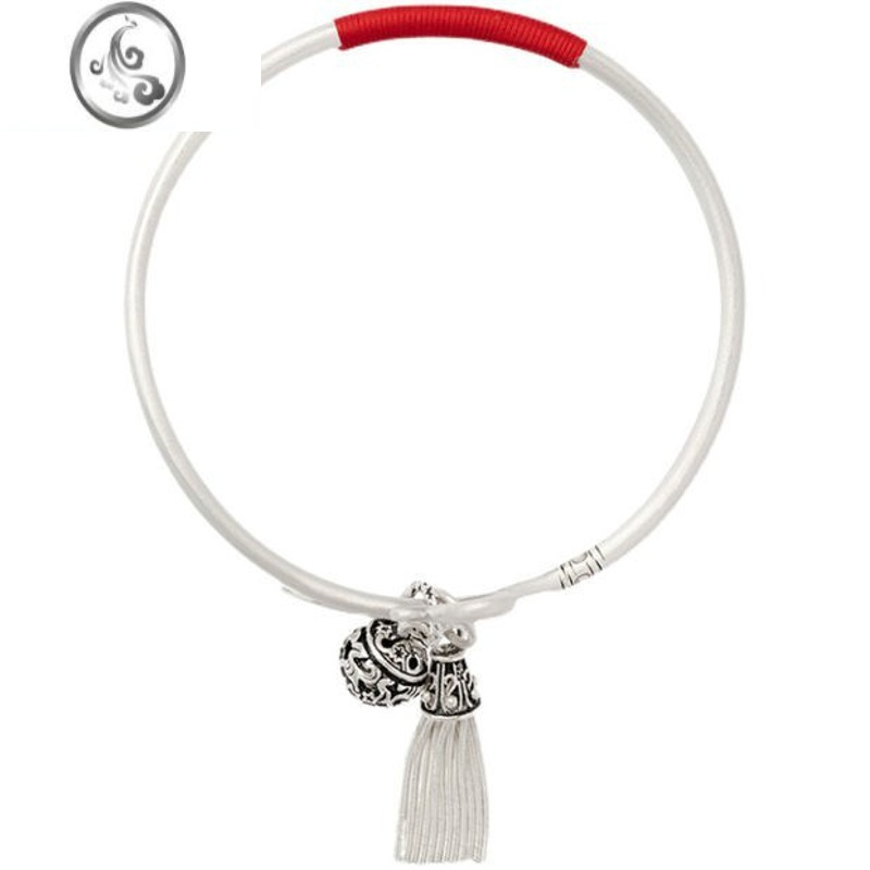 jimi银脚镯女银银古风脚链复古雕刻花纹流苏吊坠开口可调节银镯子脚环