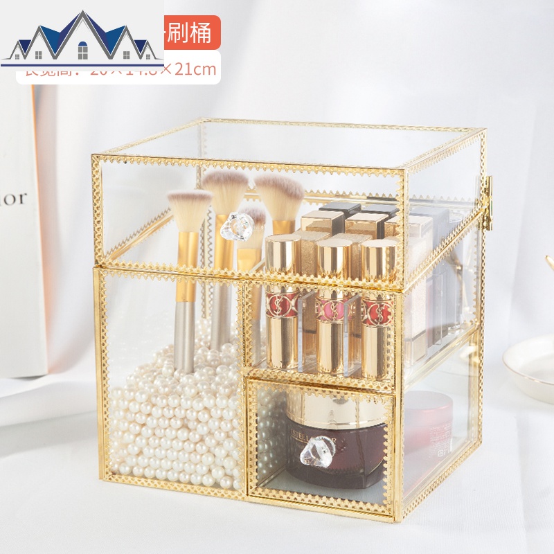 网红玻璃化妆品收纳盒翻盖防尘口红刷桶非亚克力梳妆台桌面整理架 三维工匠高清大图
